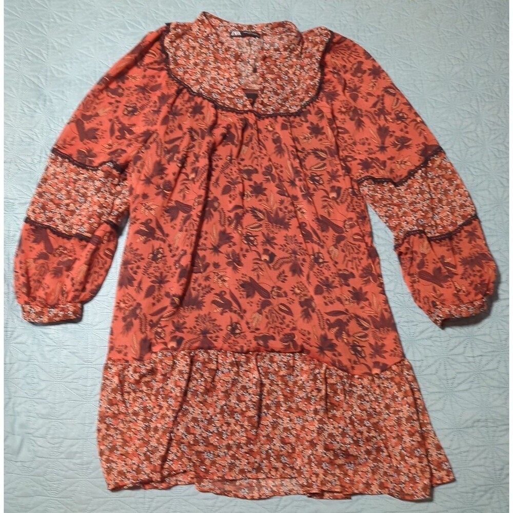 Zara Long Sleeve Floral Boho Mini Dress Sz M Fall Colors Flowing Balloon Sleeves